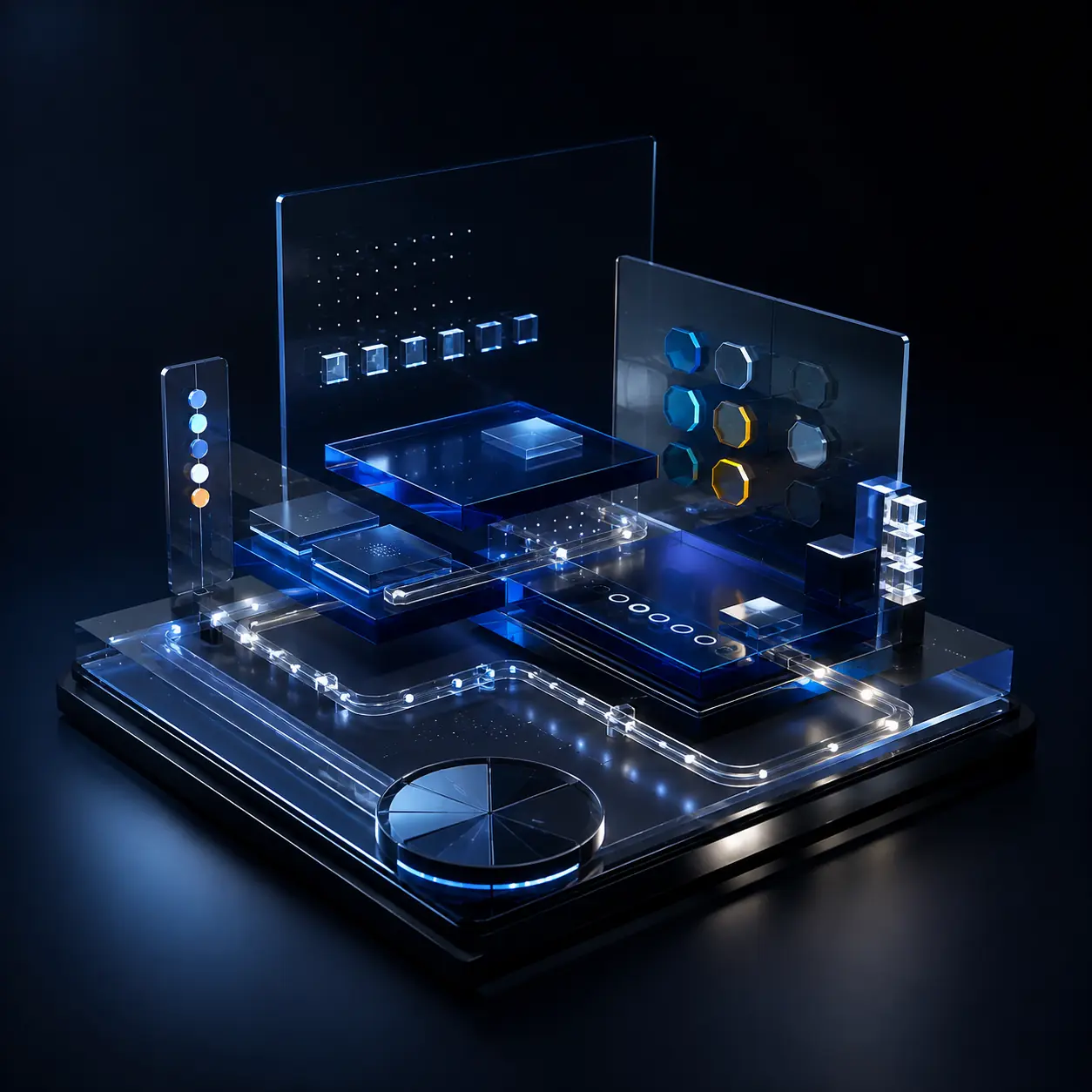 Layered glass data tiles connected by structured cobalt pathways